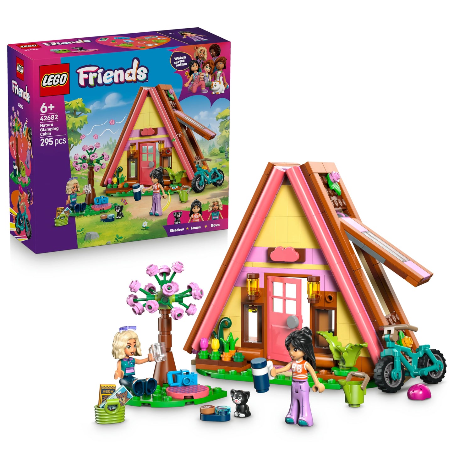 LEGO Friends glamping hut in the great outdoors - miniature playhouse with 2 minifigures, cat figure & accessories including beds & food - children's room decoration - gift for girls aged 6 and over - 42682