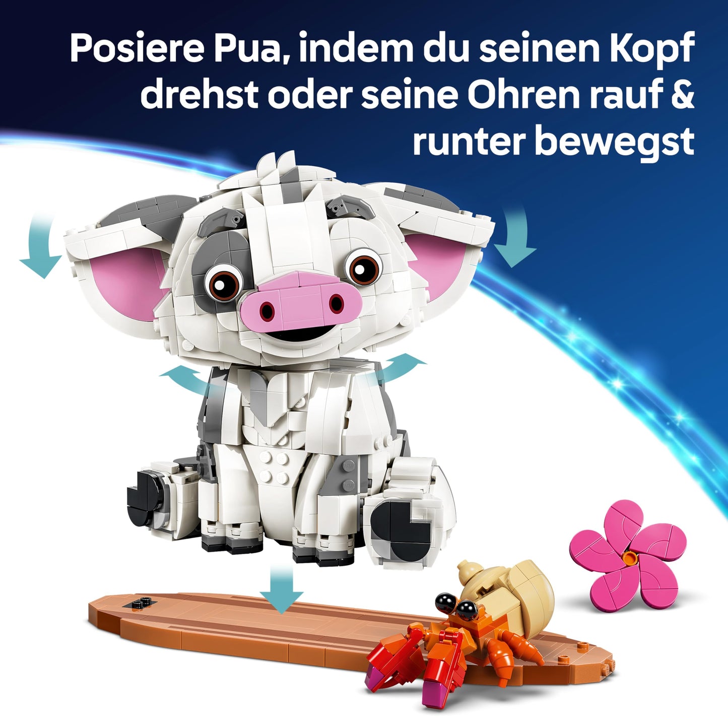 LEGO | Disney Moana Pua - toy pig with flower, crab and raft stand as room decoration - birthday gift for girls aged 9 and over and film fans - 43292