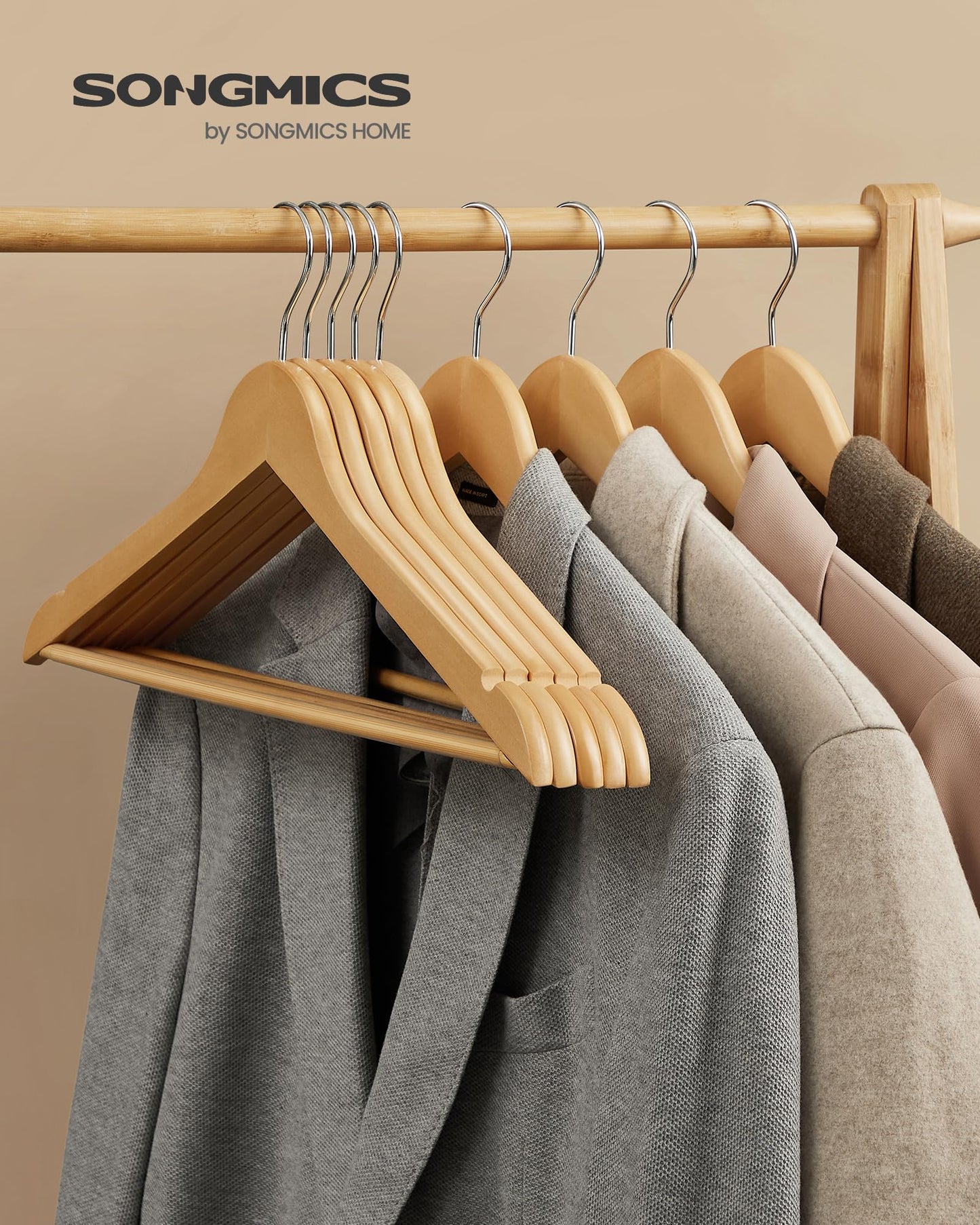 SONGMICS wooden clothes hangers, set of 50, hangers made of solid wood, notches in the shoulder area, non-slip trouser bar, 360° rotating hook, for suits, shirts, natural silver CRW001-50