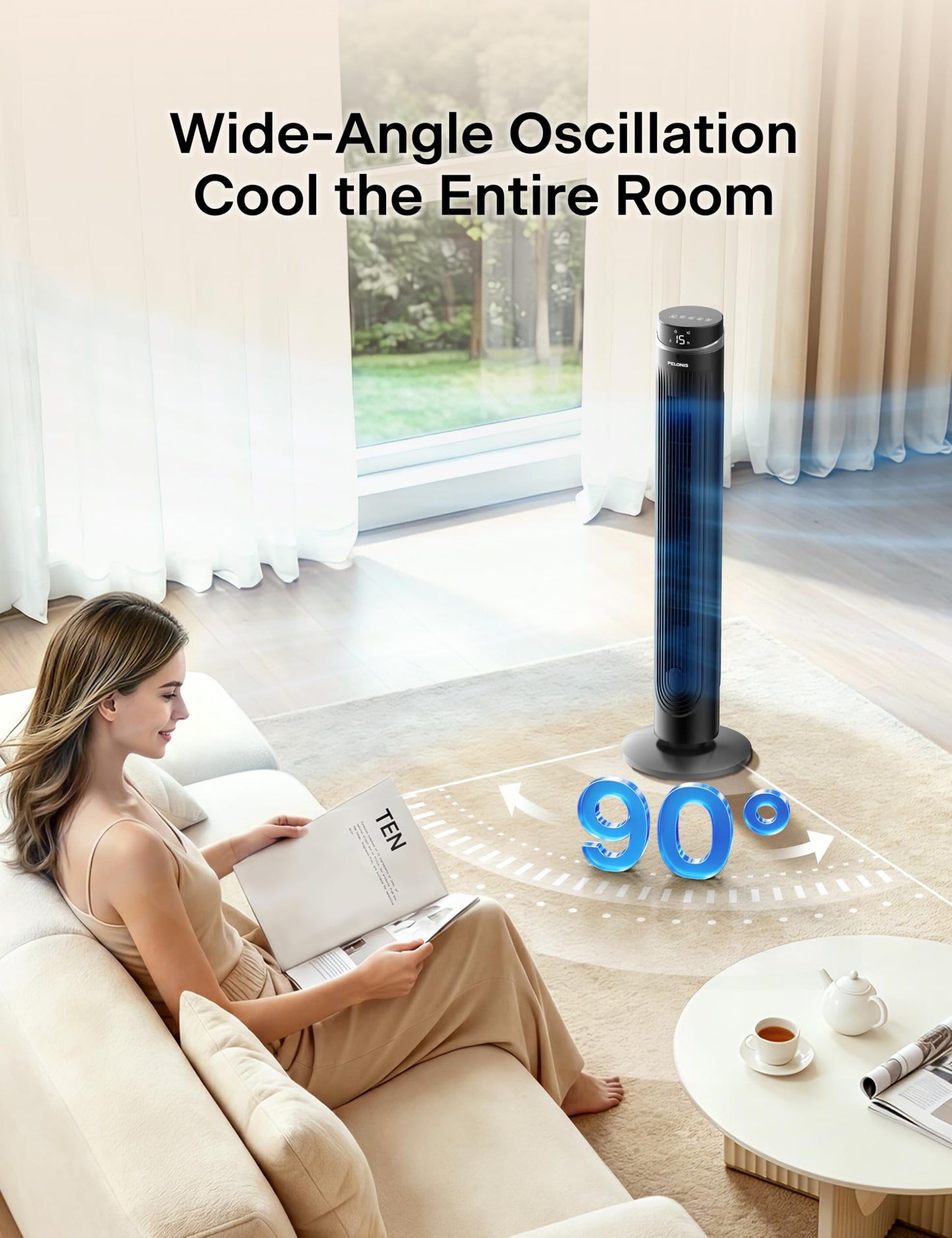 Pelonis pedestal fan with DC motor, 12 speeds, 90° oscillation, AI temperature mode, 24h timer, touch control & remote control - quiet & energy saving for home & office - PFT125ARCPKDE