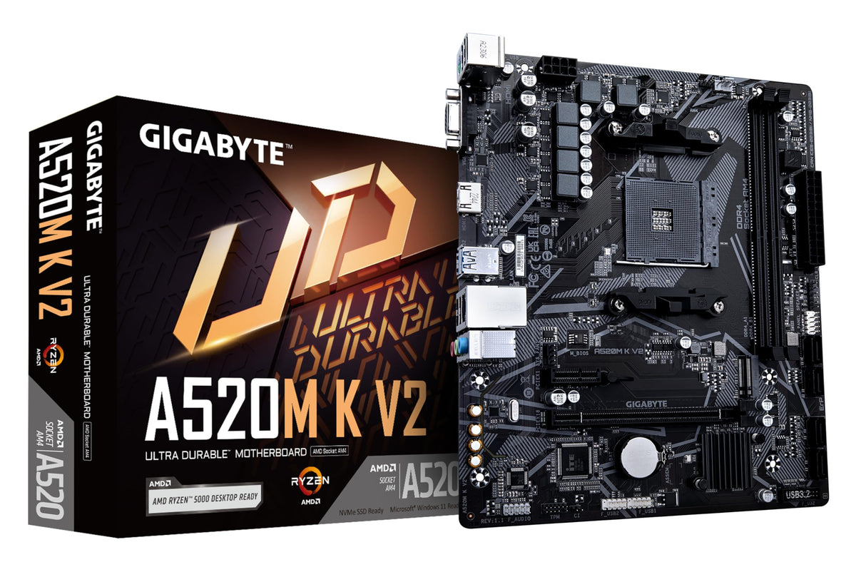 Placa de bază GIGABYTE A520M K V2 - Suportă procesoare AMD Ryzen 5000 serie AM4, până la 5100MHz DDR4 (OC), PCIe Gen3 x4 M.2, LAN GbE, USB 3.2 Gen 1