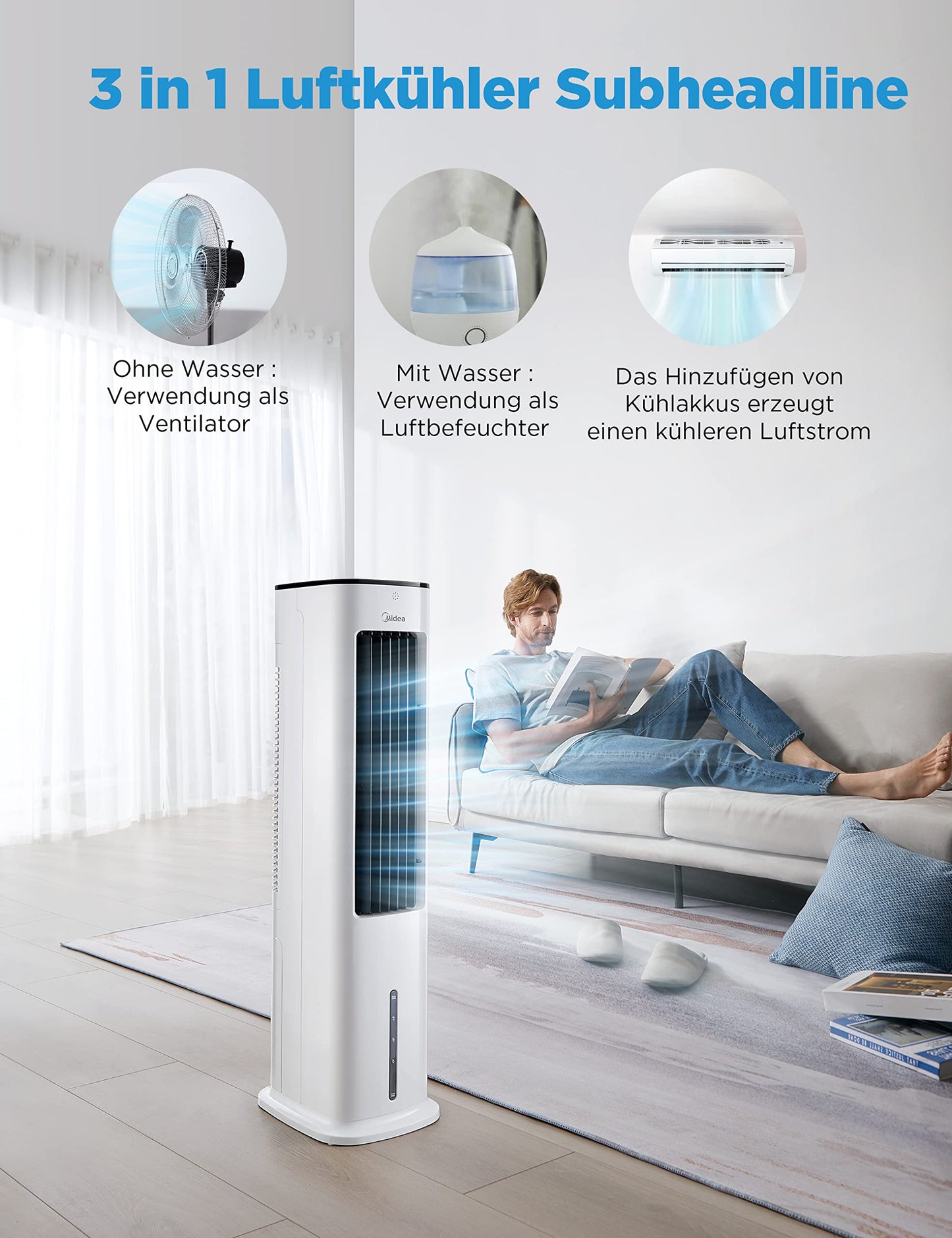 Midea Silent Air Cooler Pro 4-in-1 Mobile Air Conditioner Quieter: Air Cooler, Tower Blower, Humidifier and Air Purifier, with Remote Control, 5L Water Tank, 355m³/h Air Flow, 55W, LED Display, Timer, White - AC100-20ARB