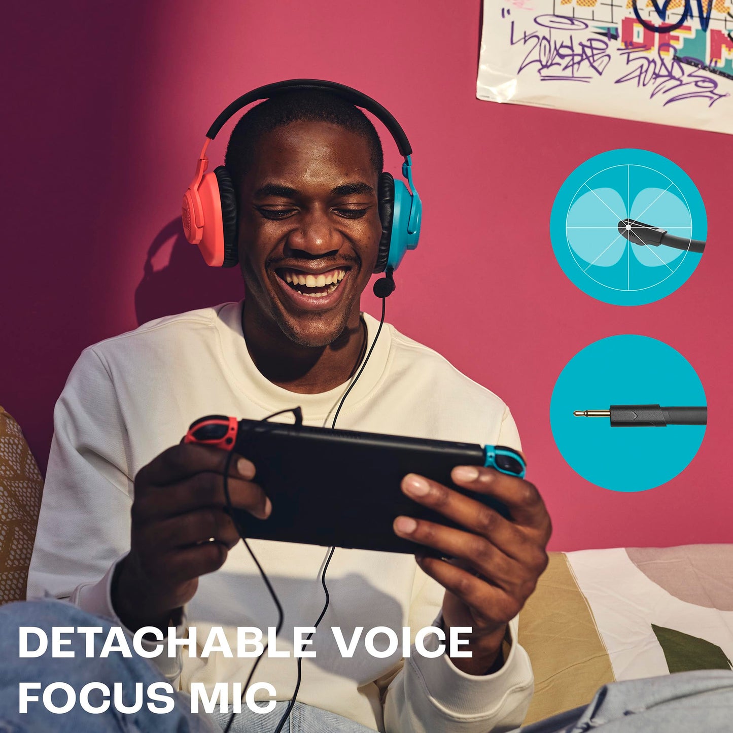 JBL Quantum 100N, wired over-ear gaming headset with detachable microphone, JBL QuantumSOUND Signature, memory foam, multi-platform compatibility and Windows Sonic Spatial Sound, Blue/Red - JBLQTUM100N
