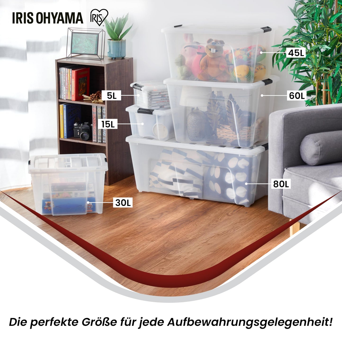 Iris Ohyama Storage Boxes with Lids, 15L, Set of 6, Transparent, Secure Closure, Stackable, Handles, Bedroom, Closet, Office, Organization, BPA Free Plastic, Organizer Boxes, NTB-15 - 104510