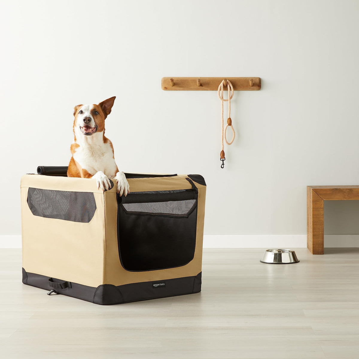 Amazon Basics Dog Crate, Soft, Foldable, 91 x 61 x 61 cm, Light Brown - 12002-36-APL
