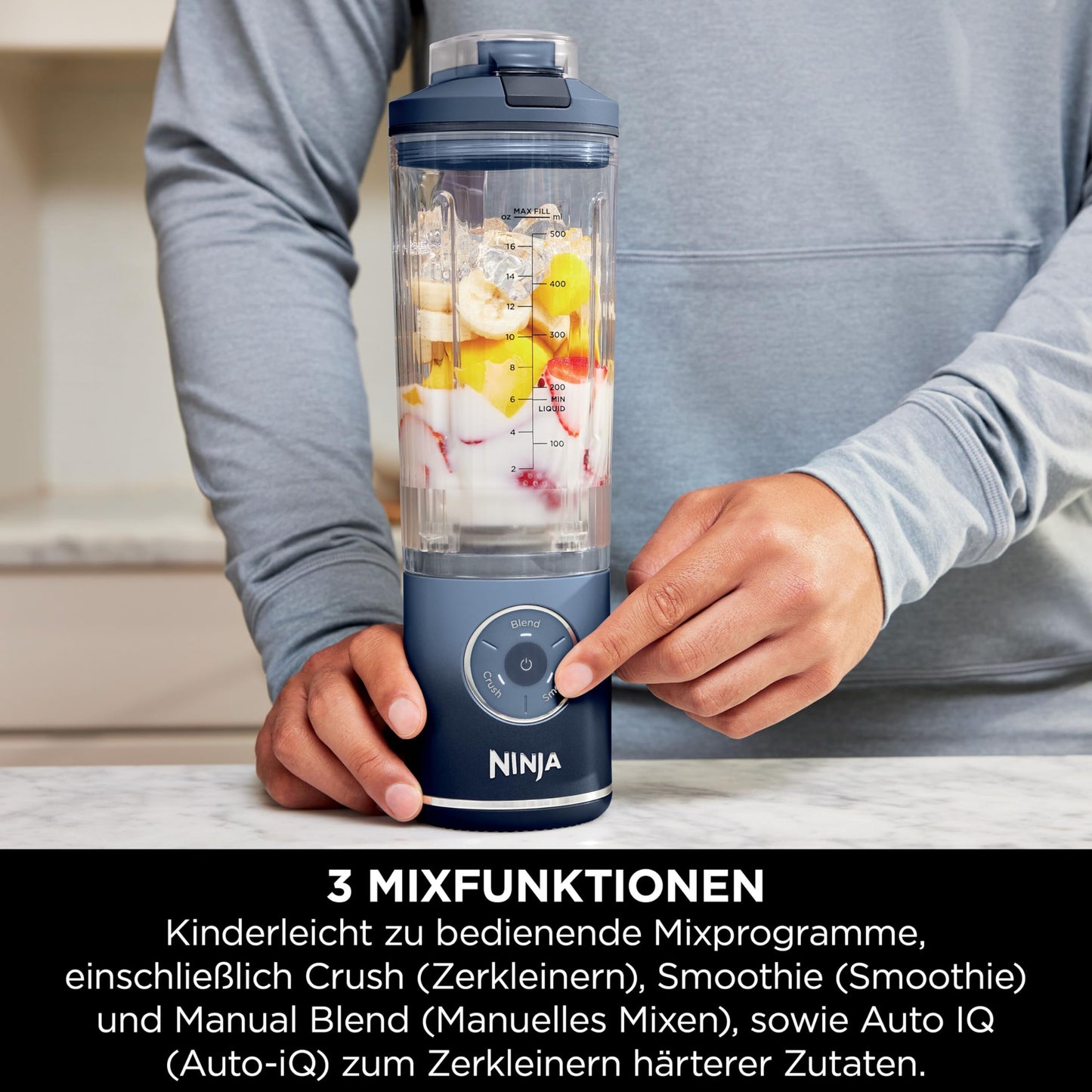 Ninja Blast Max Portable Blender/Smoothie Maker, 570ml, Rechargeable, Blending Cup & Leakproof Lid, 3 Functions, Smoothies, Protein Shakes, Navy BC251EUNV