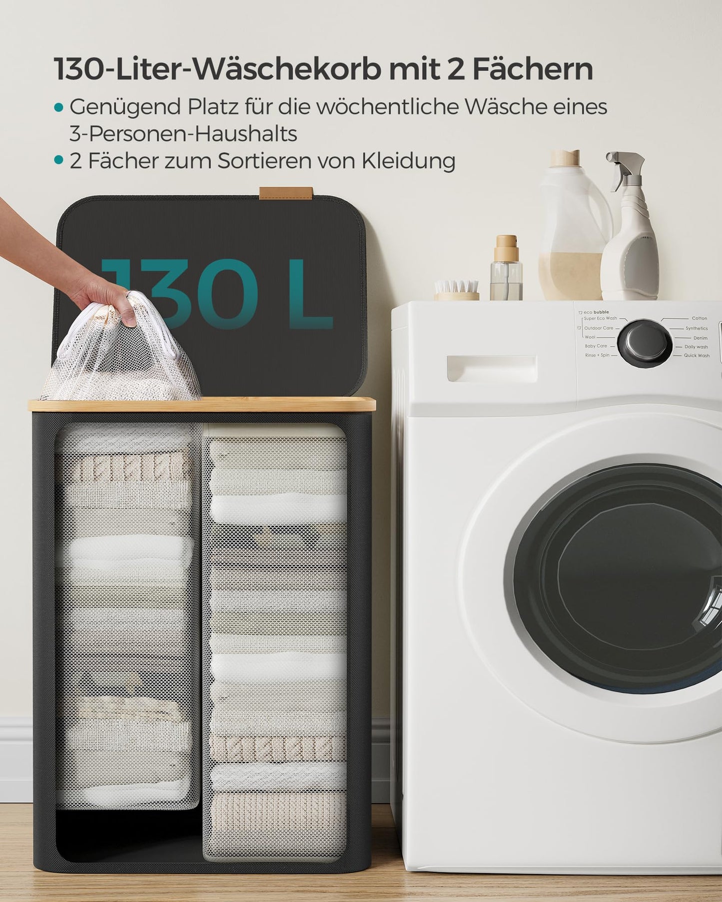 SONGMICS 130L Oxford Fabric Laundry Basket with Lid with 2 Compartments - LCB513G01V1