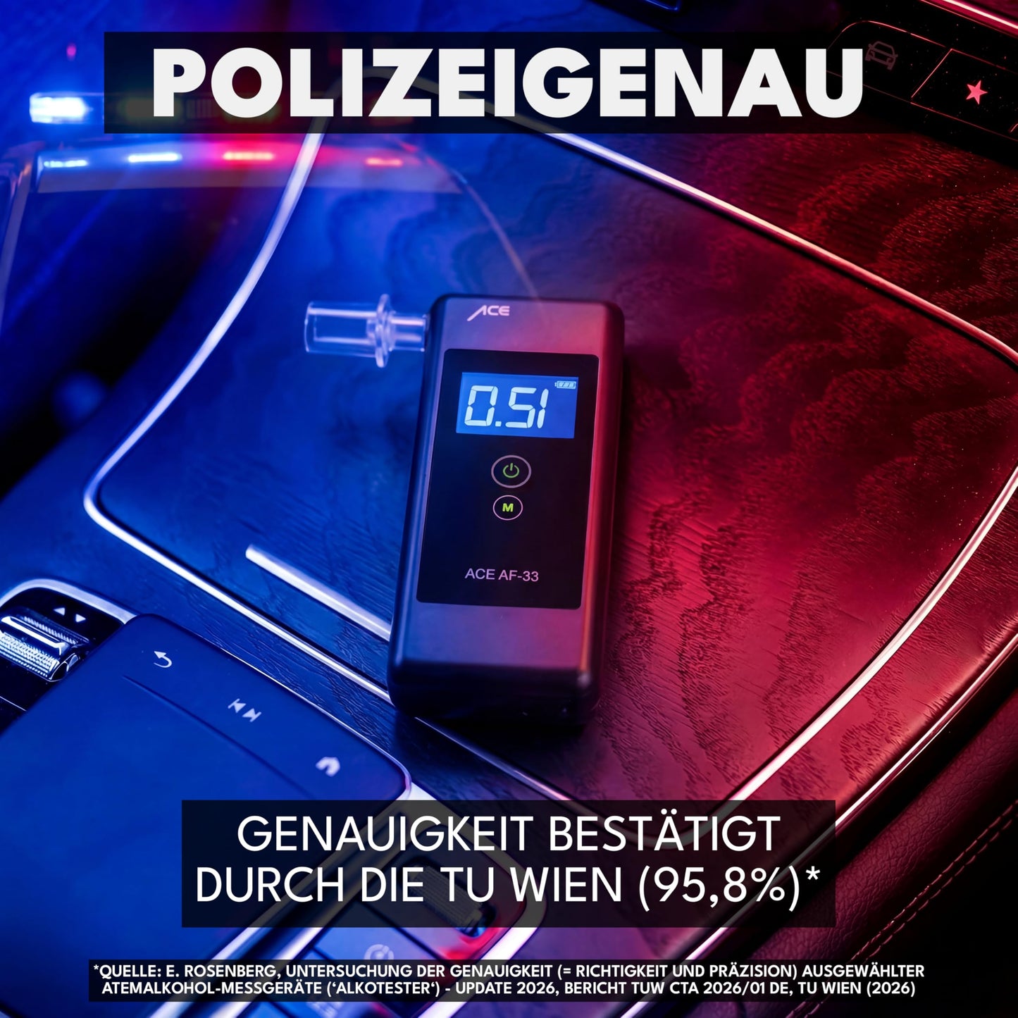 ACE AF-33 breathalyzer - the #1 alcohol tester according to BILD with a grade of 1.1 (test 2025) - 95.8% accuracy (TU Vienna, January 2026)