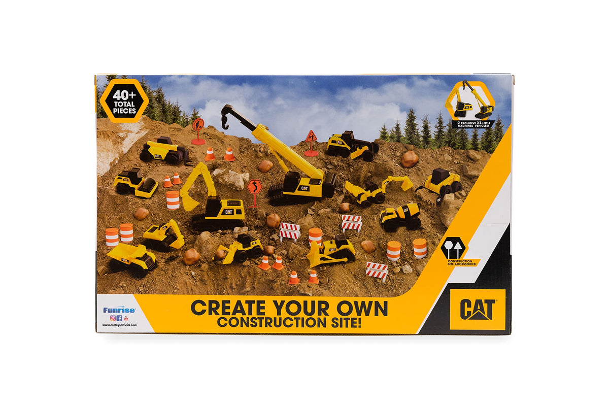 CAT® Construction Little Machines Mega-Set I With 40 pieces I Includes vehicles, a crane, traffic signs, cones, blocks, and cylinders I For children aged 3 and up, Yellow, 1:64 - 83337
