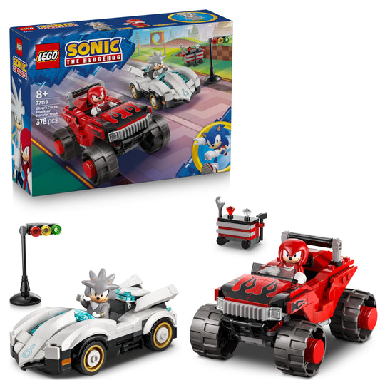 LEGO Sonic the Hedgehog Silvers Car vs. Knuckles' Monster Truck - Children's toy with 2 speedsters and 2 minifigures - Gift for boys and girls aged 8 and up - Sonic fan item for gamers - 77118