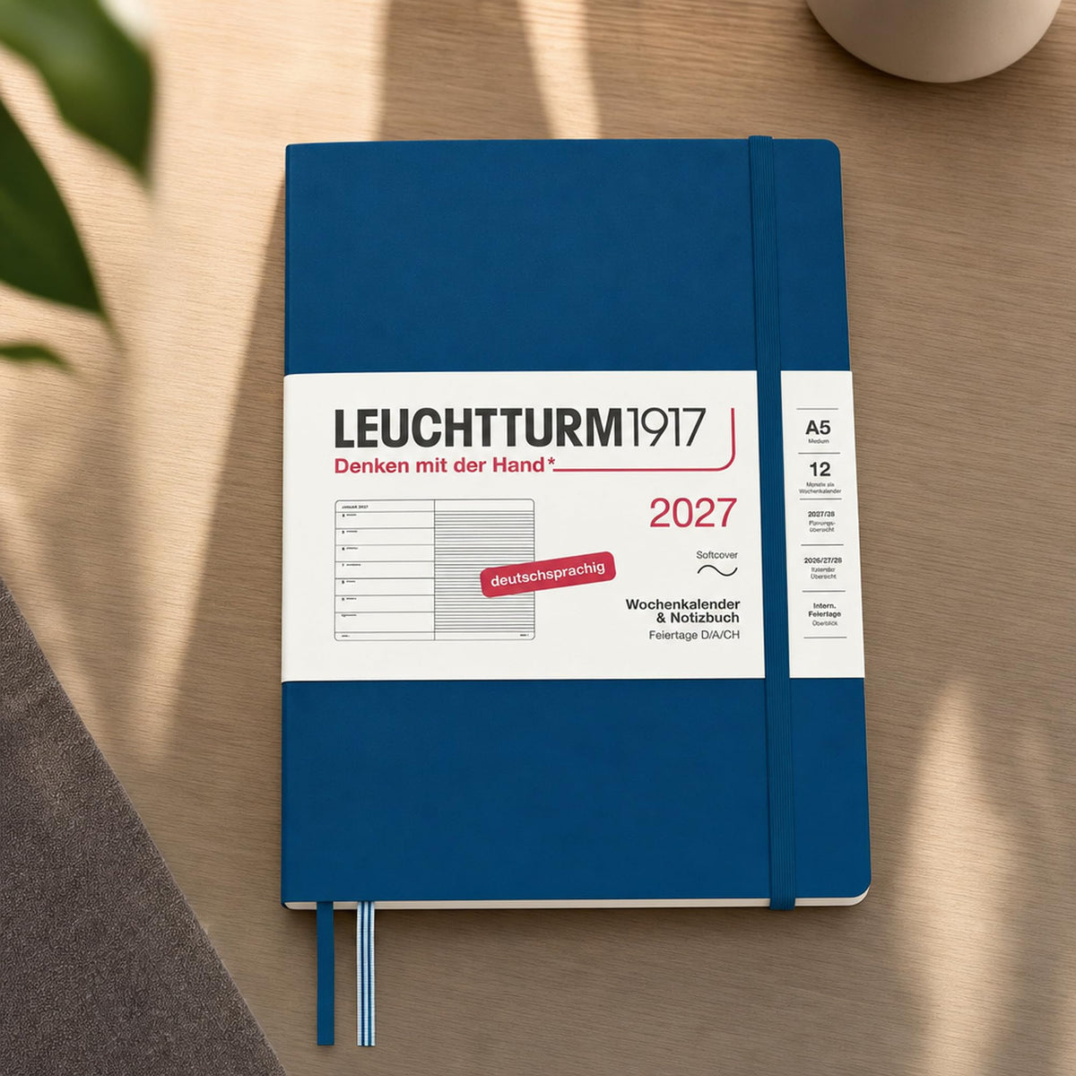 LEUCHTTURM1917 Weekly Calendar 2027 Medium (A5) with Notebook - German Diary, Indigo, Softcover, January-December 2027, Weekly Overview on the Left + Notes Page on the Right - 400074