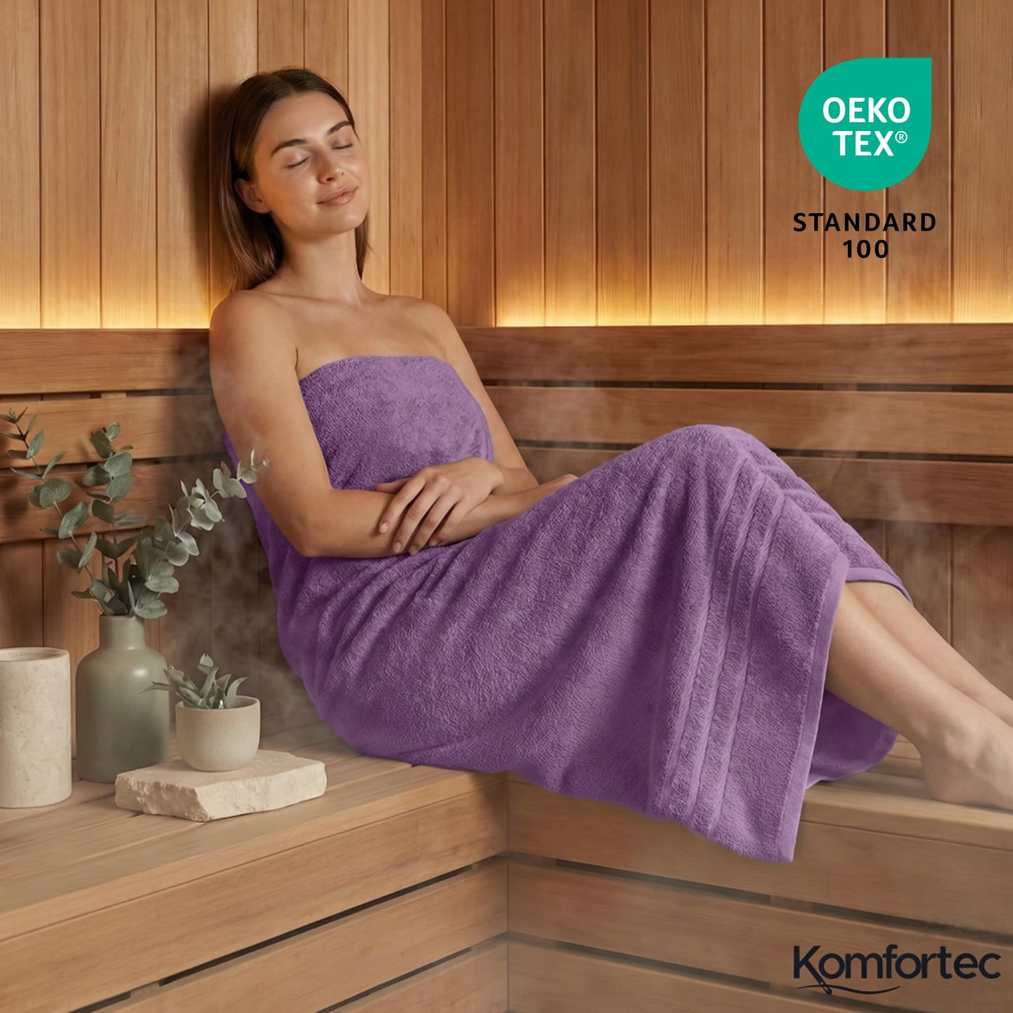 Komfortec 2 sauna towel set 80x200 cm, large sauna towels made of 100% cotton, sauna towels, fluffy and absorbent, quick-drying, purple - 2er-80x200-violett