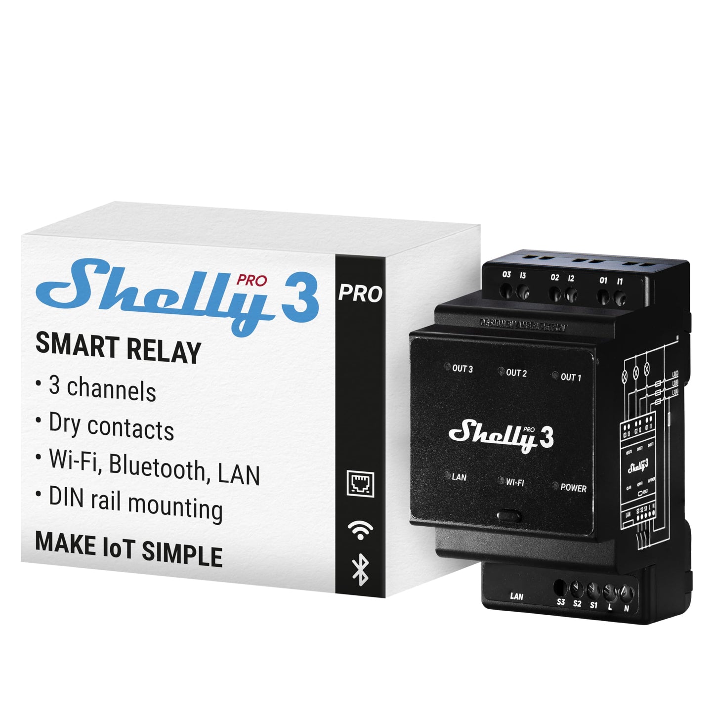 Shelly Pro 3 - WLAN & LAN Smart Relay Switch, Single & Three Phase, 3 Channel, 16A, Potential Free Contacts, Garage Door & Lighting, DIN Rail, Home Automation, No Hub Required - 3800235268094