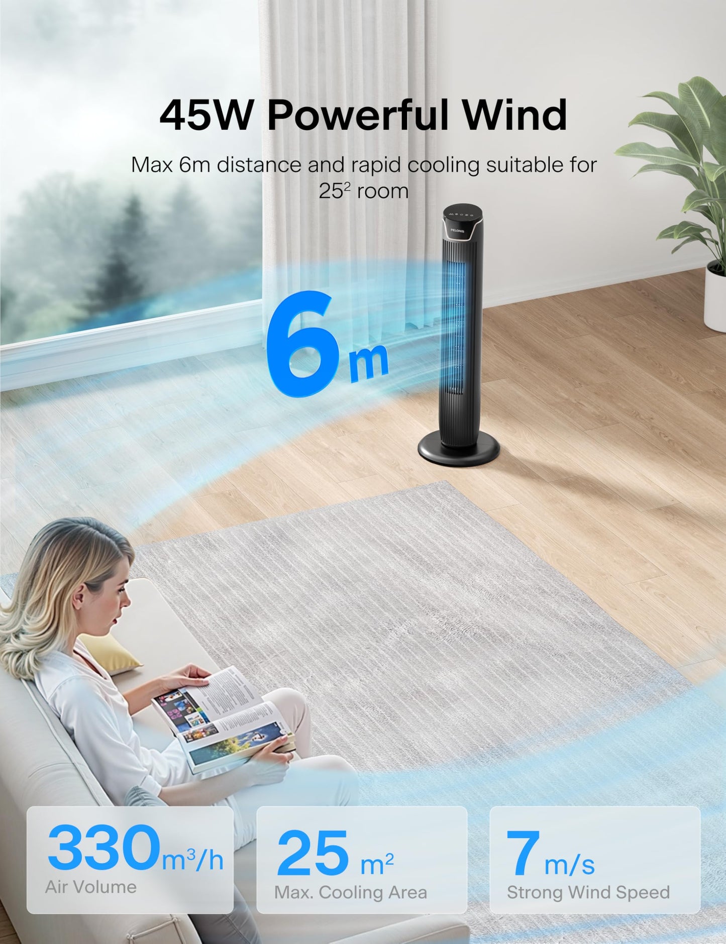 PELONIS Tower Fan with Remote Control - 5 Speed Levels & 4 Modes (AI/Night/Natural Wind) 9H Timer, LED Display with Memory Function - Energy Saving Fan for Office Bedroom - PE-FZ10-25MR-DE