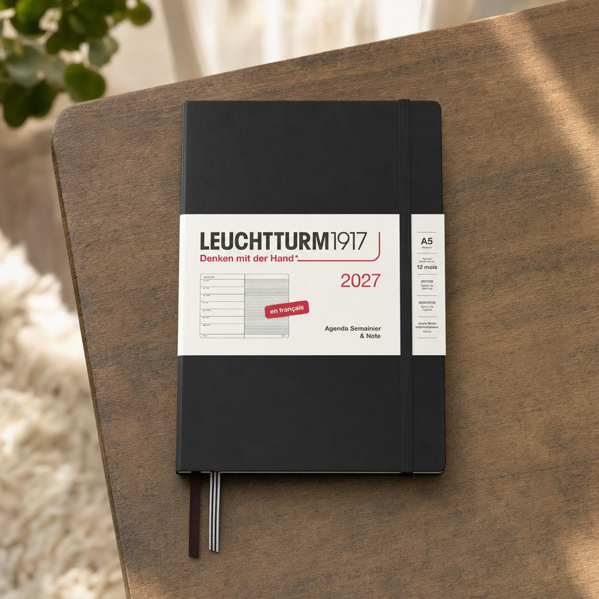 LEUCHTTURM1917 weekly calendar 2027 medium (A5) with notebook, lined - French appointment planner, black, hardcover, January-December 2027, weekly overview on the left + note page on the right - 400376