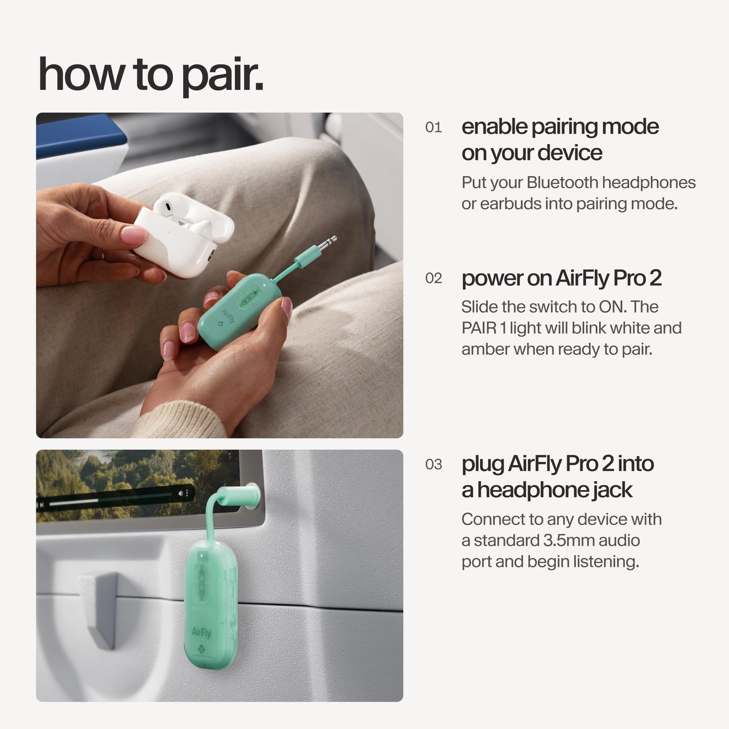 AirFly Pro 2 - Bluetooth Adapter for Airplane, Pair 2 AirPods or Wireless Headphones - 3.5mm AUX Bluetooth Transmitter for Cars, Boats, Treadmills, TVs - Airplane Travel Essentials, Mint Ice - TS-26112
