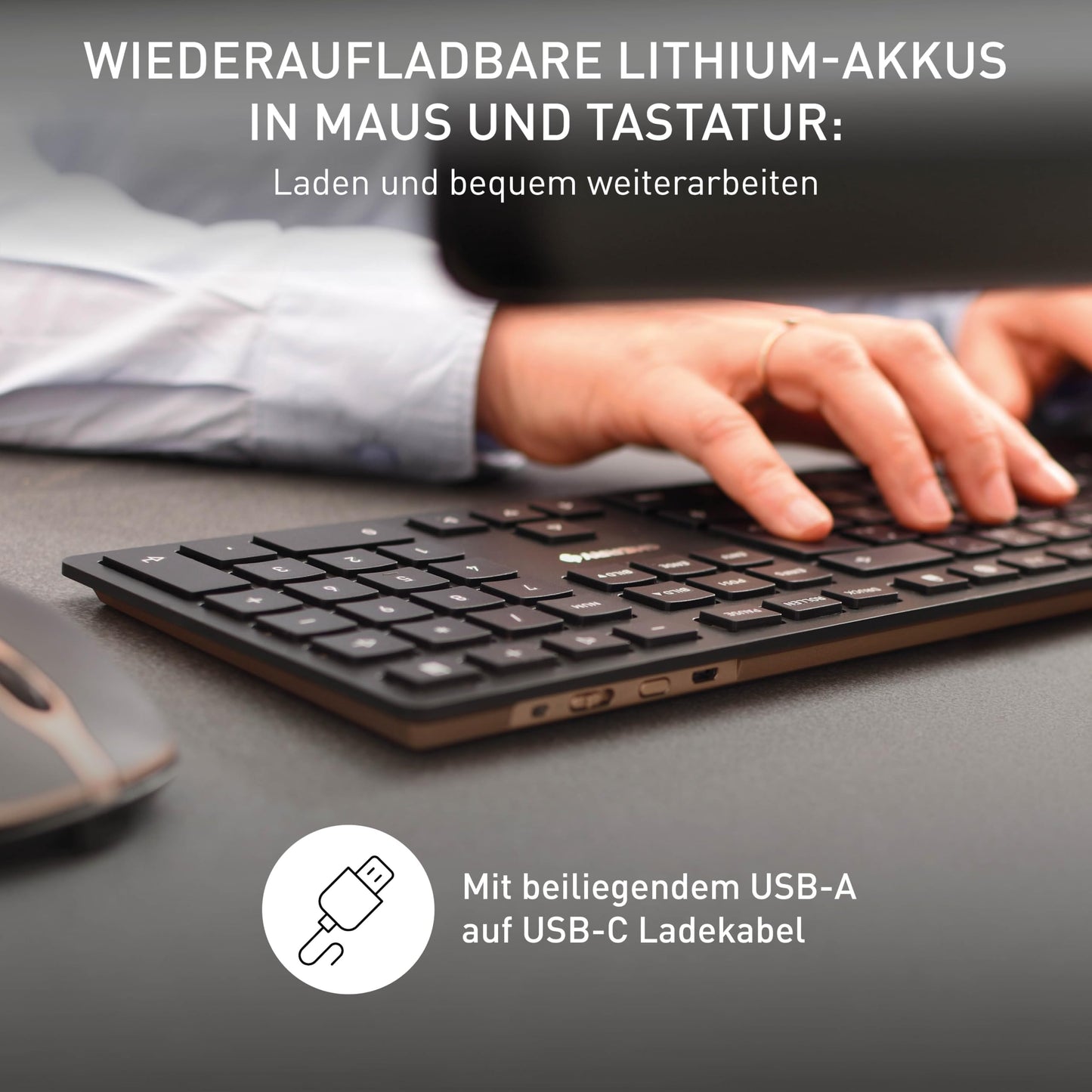 CHERRY DW 9100 Slim, wireless keyboard and mouse set, German layout (QWERTZ), Bluetooth & 2.4 GHz radio, quiet keys, rechargeable, black-bronze - JD-9100DE-2