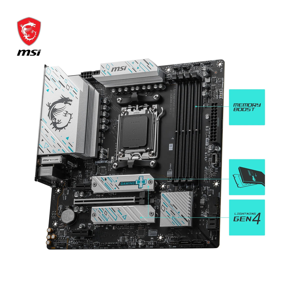 Placă de bază MSI B650M Gaming Plus WiFi, mATX - Suportă procesoare Ryzen 9000, 8000 și 7000, AM5 - Memorie DDR5 Boost 7800+ MHz/OC, PCIe 4.0 x16, M.2 Gen4, Wi-Fi 6E - 7E24-001R