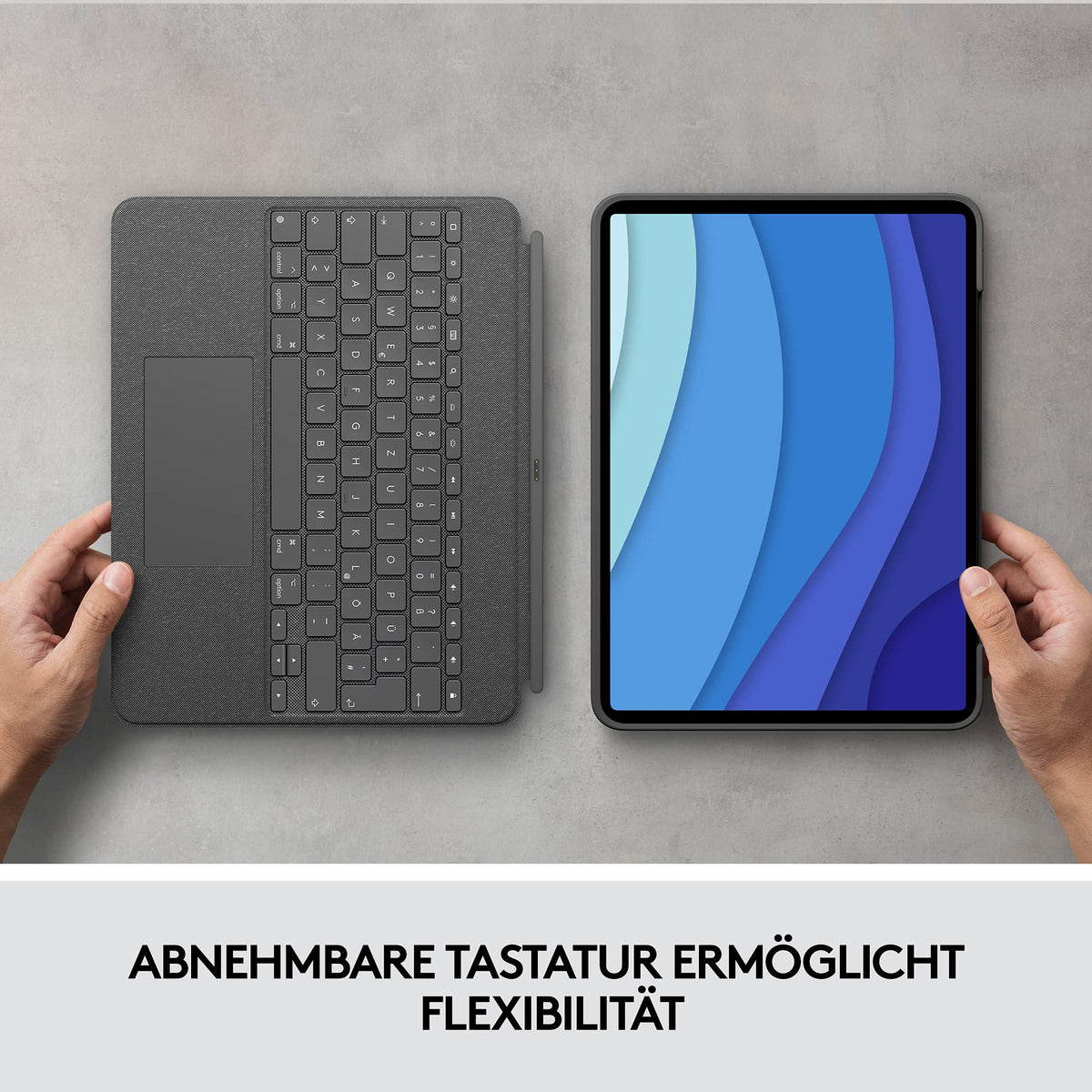Logitech Combo Touch iPad Pro 12.9 (5th Gen - 2021) Keyboard Case, detachable keyboard with backlight, click-anywhere trackpad, Smart Connector, German QWERTZ layout - Gray G335