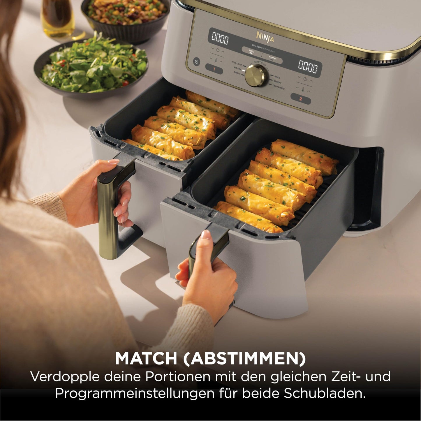 Ninja Dual Zone Digital Air Fryer, 2 Drawer, 6-in-1, Air Fryer, 9.5L, Air Frying, Max Crisp, Roasting, Baking, Reheating, Dishwasher Safe Baskets, Stone/Gold DZ400EUSTGD