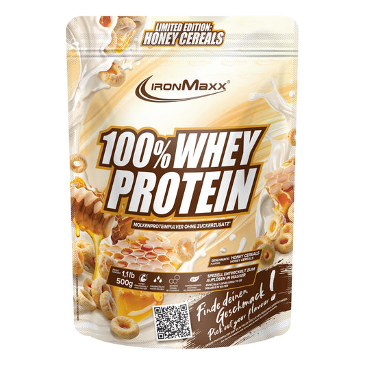 IronMaxx 100% Whey Protein Powder 500g - Honey Cereal | Creamy Protein Shake with BCAAs & EAAs | High Protein, Low Carb & Low Sugar | Ideal for Muscle Building, Diet & Fitness - 42924