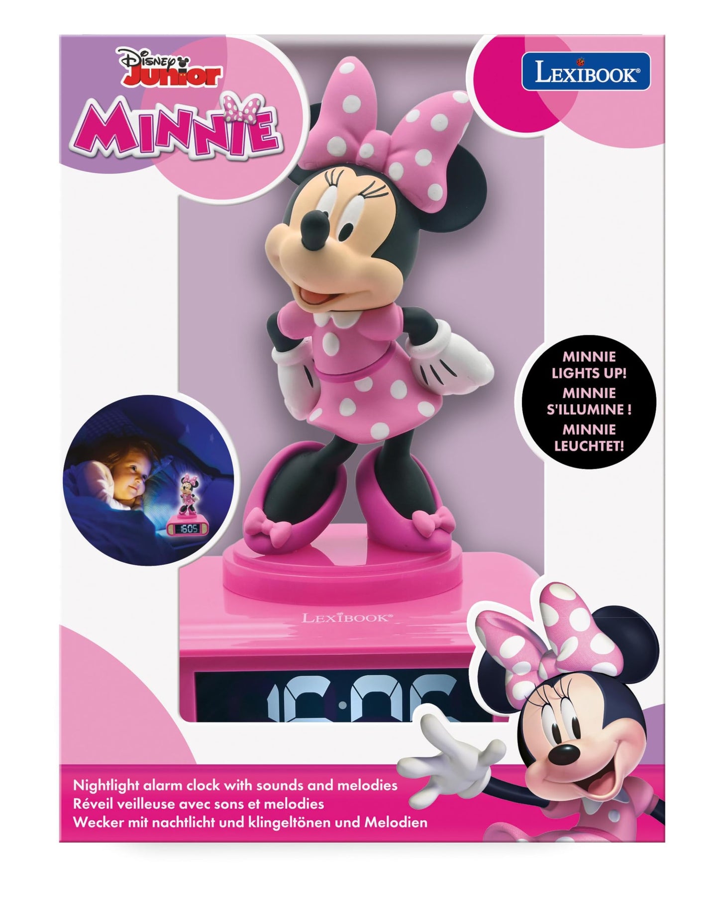 Lexibook, Disney Minnie, Minnie Night Light Alarm Clock, Sounds and Melodies, LCD Screen with Backlight, Luminous, Snooze, Pink, RL800MNLXB