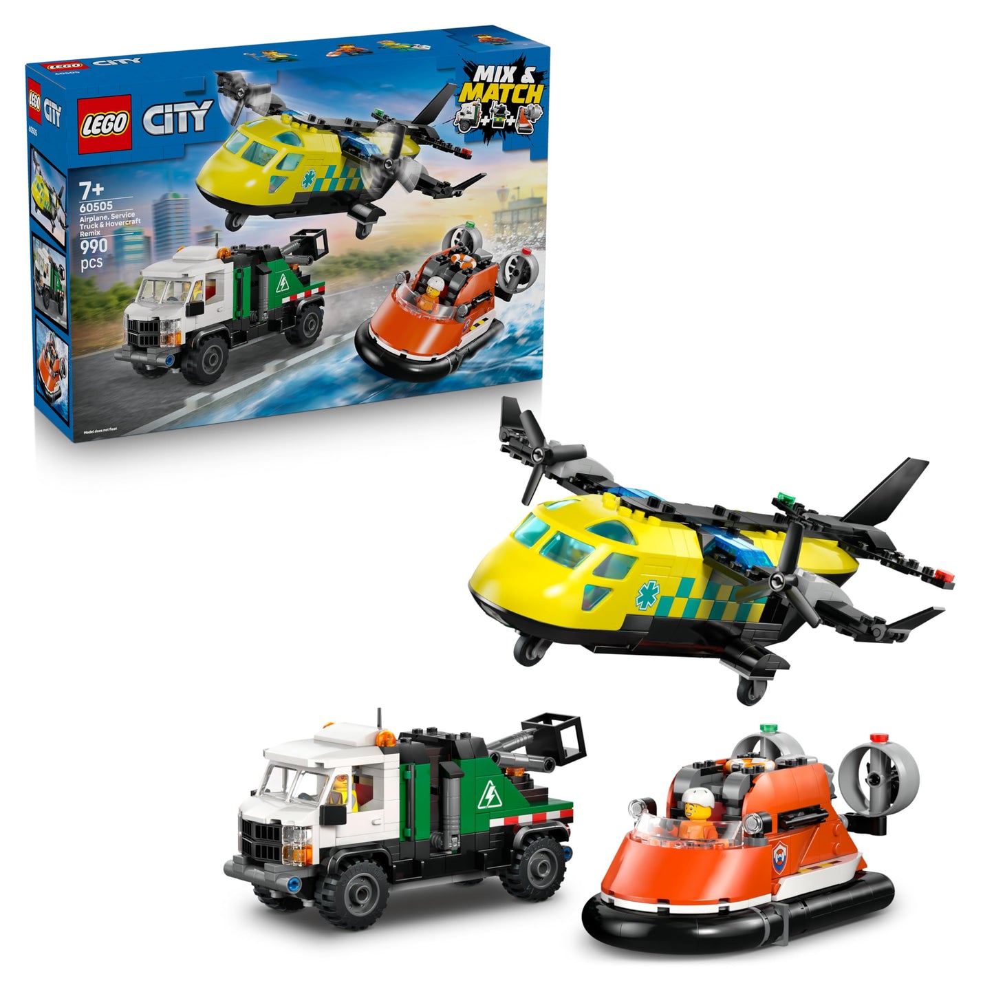 LEGO City combination set with airplane, maintenance vehicle and hovercraft - toy vehicle - mix & match model building with 3 minifigures - birthday gift for boys aged 7 and over - 60505