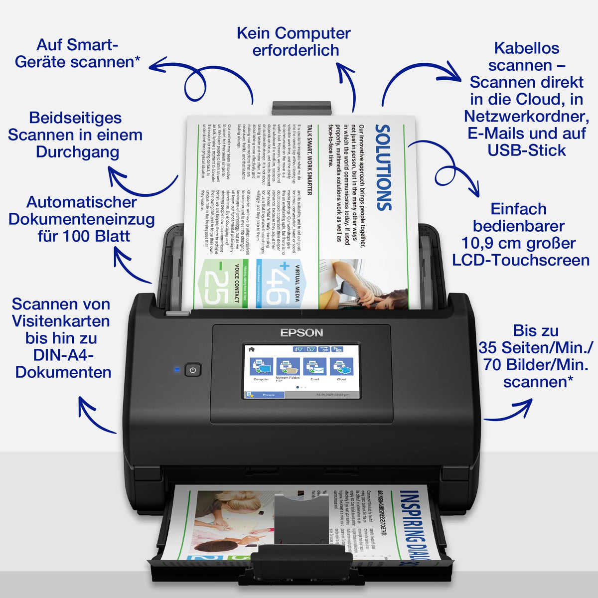 Epson Workforce ES-580W Scanner, Document Scanner (scans without PC, 35 pages or 70 images per minute, up to A4 size, double-sided scanning in one pass, automatic alignment) One Size - B11B258401