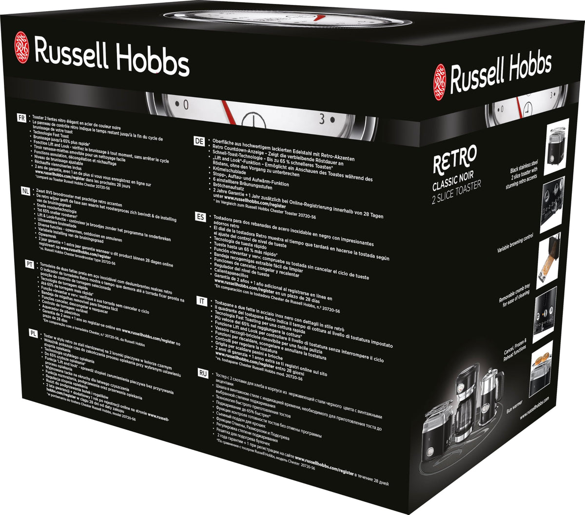 Russell Hobbs Toaster [for 2 slices] Retro Stainless Steel Black (Countdown display in retro design, includes bun warmer, 6 browning levels + defrost & reheat function, 1300W) Vintage 21681-56