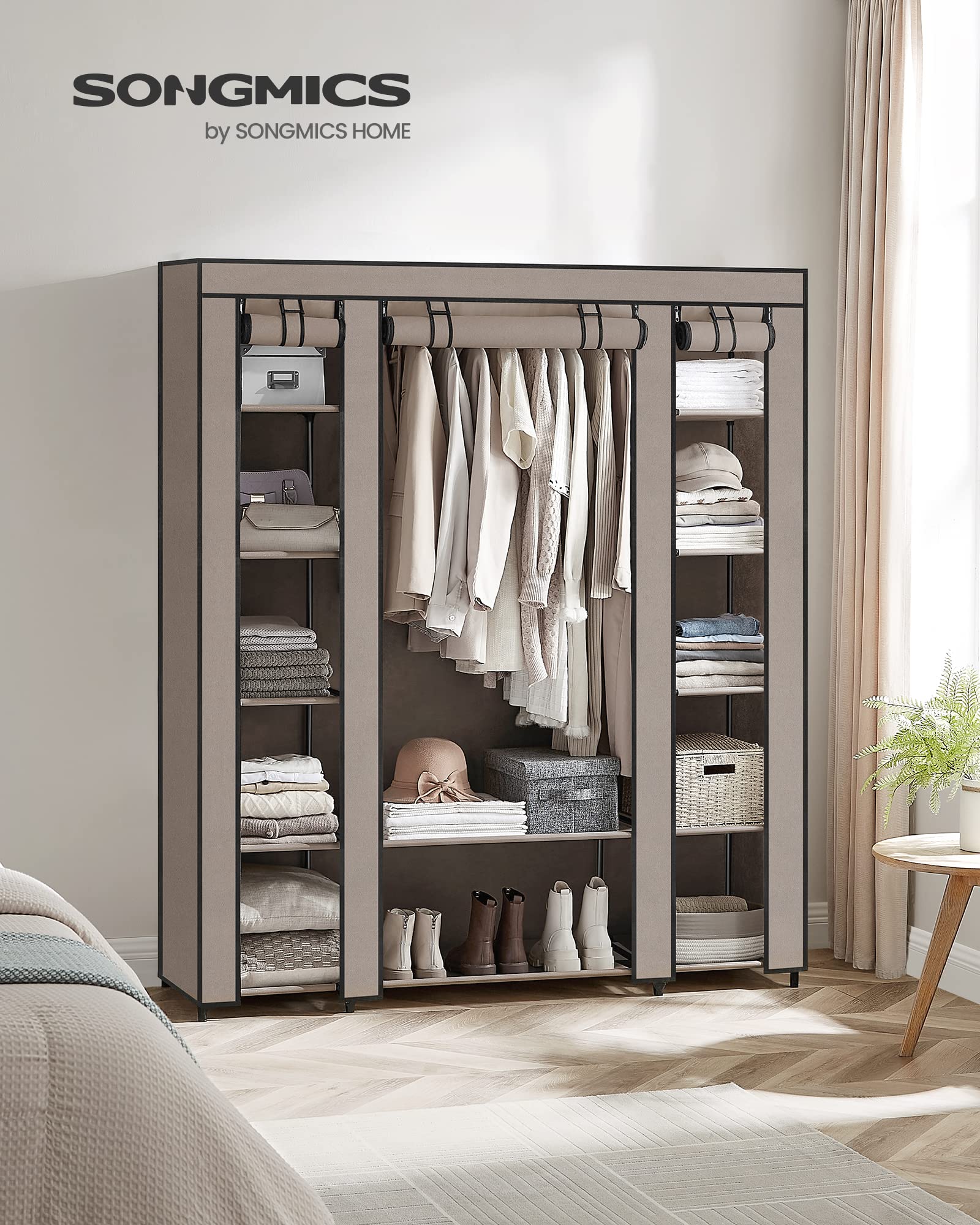 SONGMICS wardrobe, fabric wardrobe, with non-woven fabric cover, folding wardrobe with clothes rail, 45 x 150 x 175 cm, 12 shelves, metal frame, wardrobe for bedroom, taupe LSF003R02