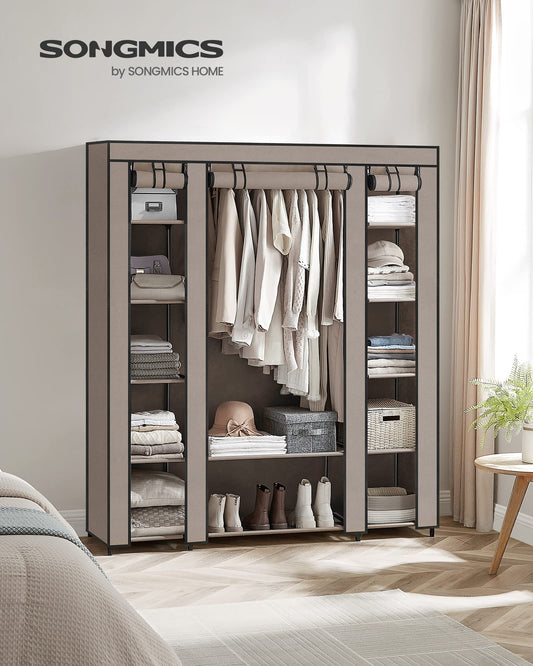 SONGMICS wardrobe, fabric wardrobe, with non-woven fabric cover, folding wardrobe with clothes rail, 45 x 150 x 175 cm, 12 shelves, metal frame, wardrobe for bedroom, taupe LSF003R02