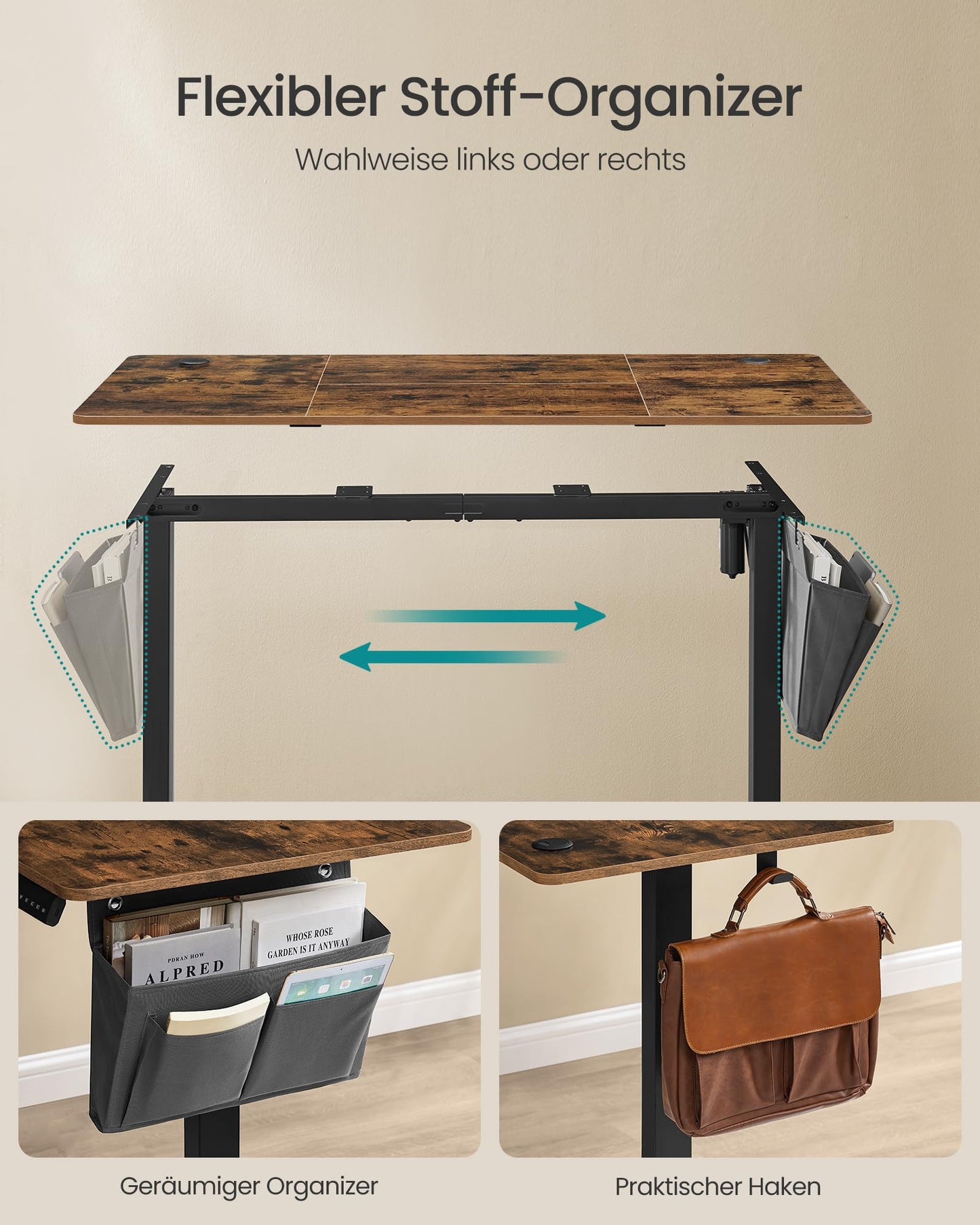 SONGMICS Electric height-adjustable desk, 140 x 60 cm, infinitely adjustable, memory function with 4 heights, vintage brown LSD134K01
