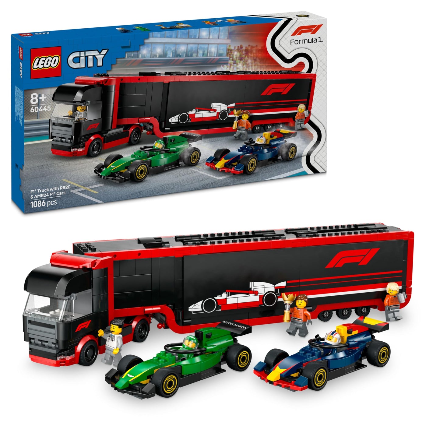 LEGO City F1 Transporter with RB20 & AMR24 F1 Racing Cars - Toy Car Transporter for Red Bull & Aston Martin Formula 1 Teams - Incl. 5 Minifigures - Gift for Boys & Girls from 8 Years 60445