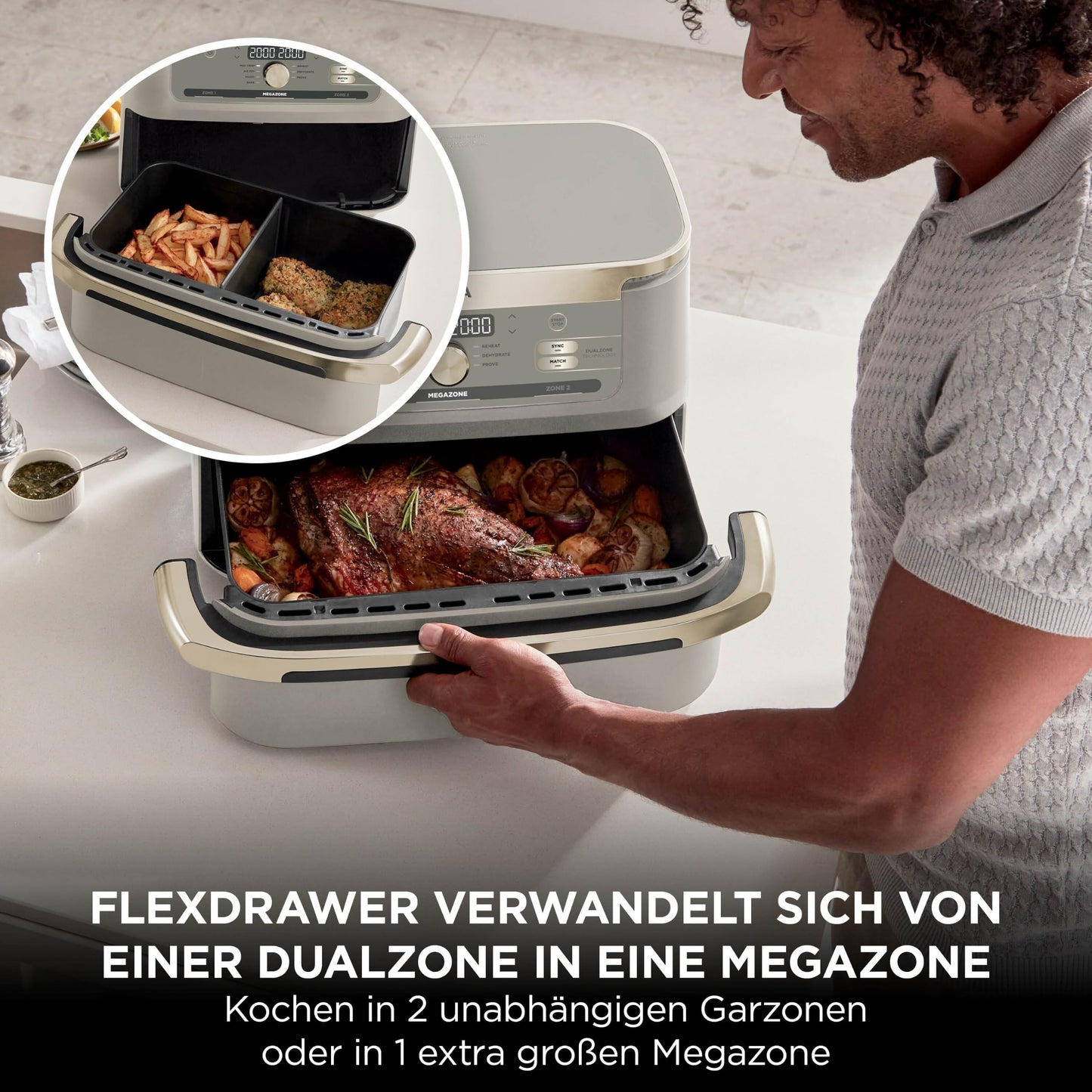 Ninja Foodi FlexDrawer Air Fryer, Dual Zone, Converts to MegaZone, 10.4L, Dual Zone, with Little to No Oil, Non-Stick, Dishwasher Safe Parts, Stone Gold AF500EUSD