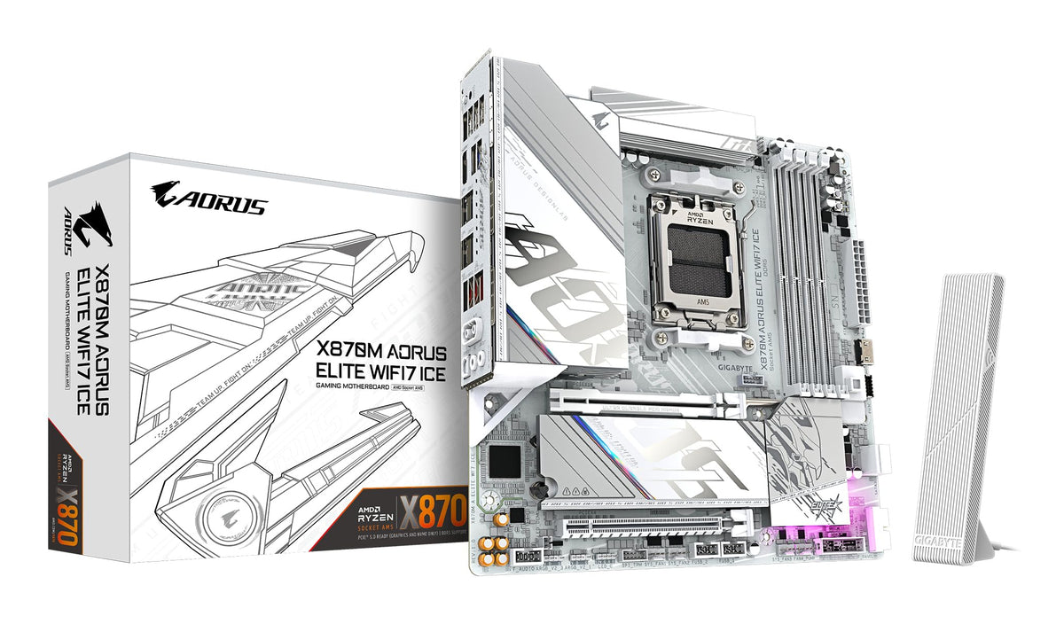 GIGABYTE X870M AORUS Elite WIFI7 Ice Mainboard – Supports AMD Ryzen 9000 CPUs, digital 14+2+2 phase VRM, up to 8200 Hz DDR5 (O.C), 1× PCIe 5.0 + 1× PCIe 4.0, Wi-Fi 7, 2.5 GbE LAN, USB 4