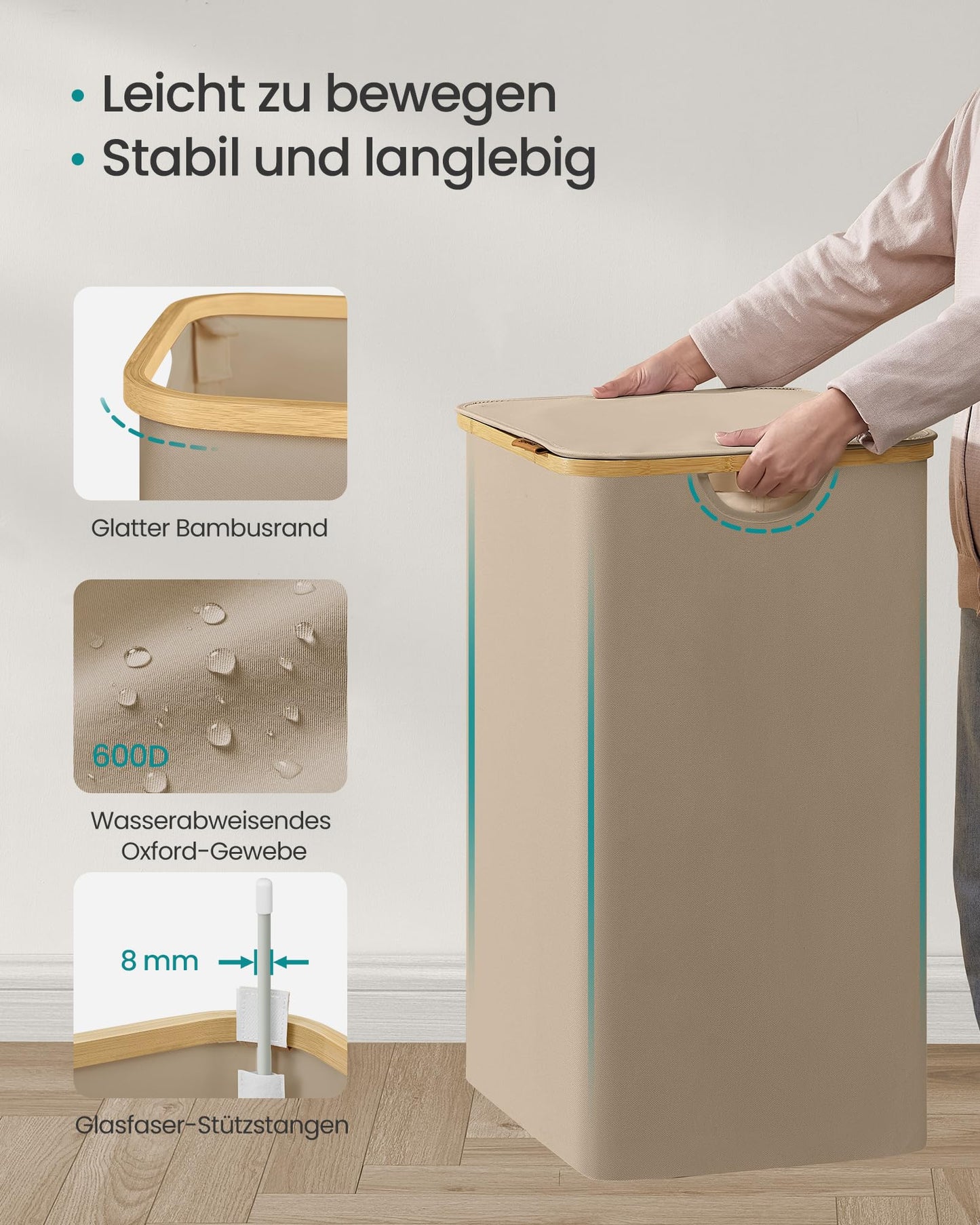 SONGMICS Laundry Basket with Lid, Laundry Hamper with 2 Compartments, 130L, Removable Laundry Bag, Oxford Fabric, Bamboo Handles, Foldable, 52 x 38.5 x 70.5 cm, Camel Brown LCB513LJ01 - PCT611W01