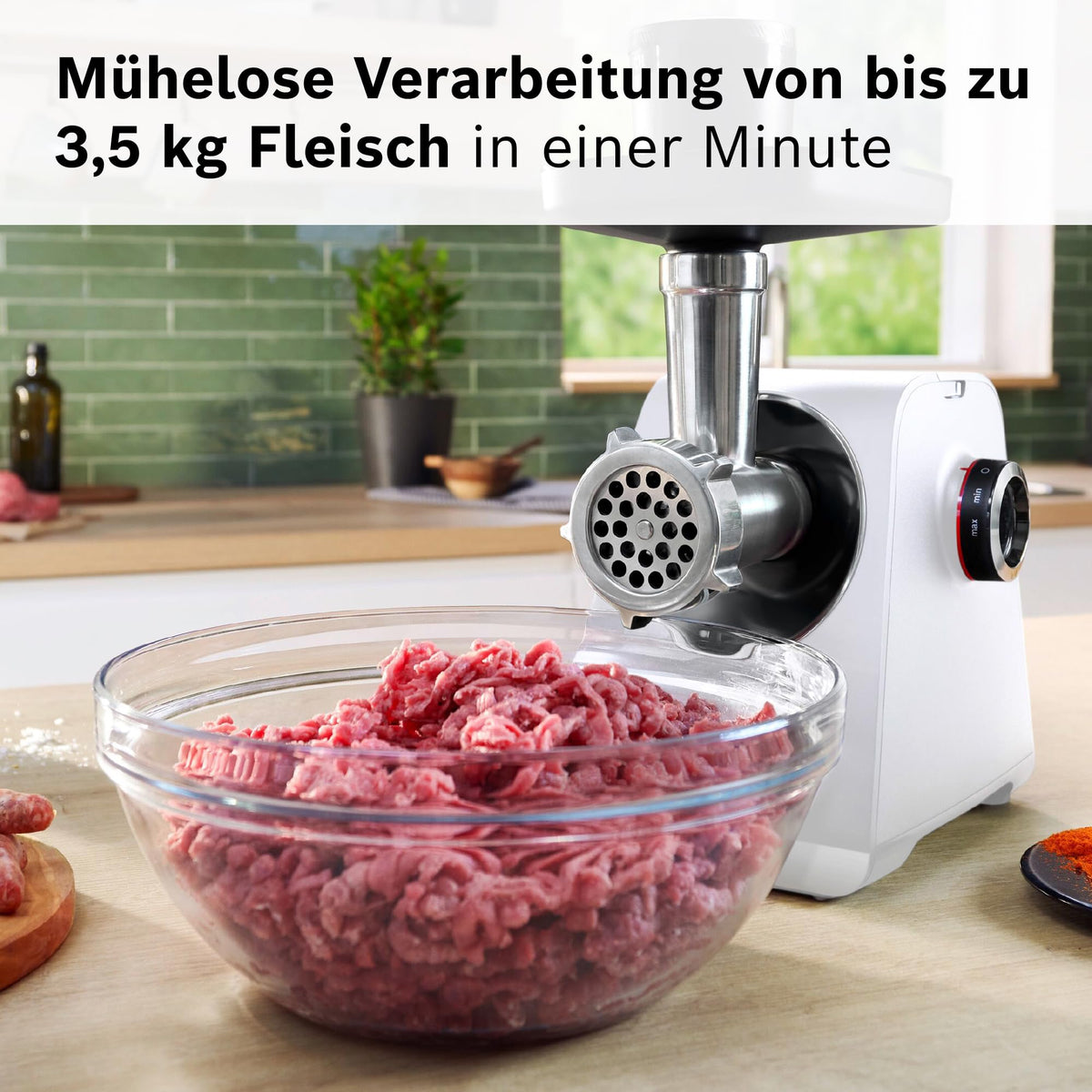 Bosch MultiPower Series 6 Meat Grinder MFWS607W, 2 grinding discs (4.5 and 8 mm), stainless steel, dishwasher safe, kebbe and sausage attachment, motor block power 2,100 W, white