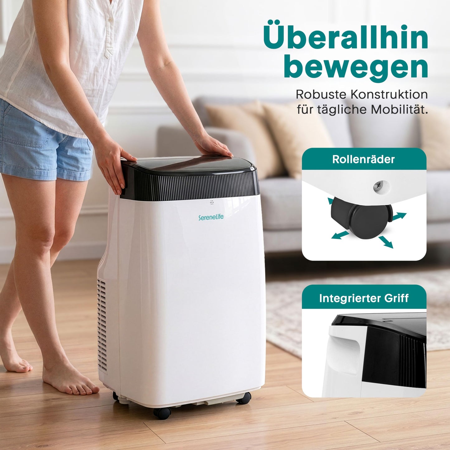 SereneLife Mobile Air Conditioner 4 kW 9000 BTU - L52 dB Quiet air conditioner for bedrooms up to 20 m², pleasant cooling on hot days, with dehumidifier, fan & remote control - SLPAC9EU