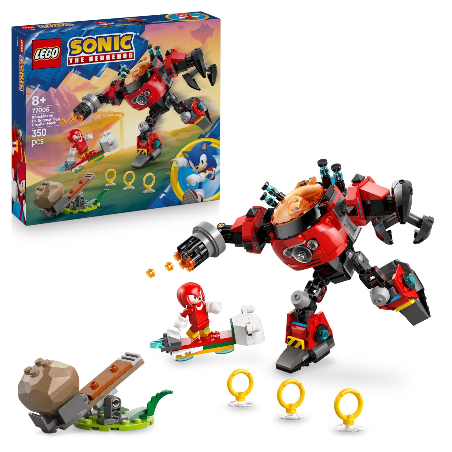 LEGO Sonic the Hedgehog Knuckles vs. Dr. Eggmans Egg Crusher Mech - Creative Toy with 2 Minifigures, Rings & Chaos Emeralds - Gamer Gift Boys & Girls from 8 Years - 77005