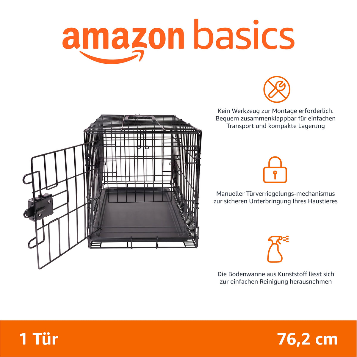 Amazon Basics Cușcă pliabilă pentru câini din sârmă metalică cu bază, ușă unică, neagră, L 76 x l 48 x H 53 cm - 9001N-30A
