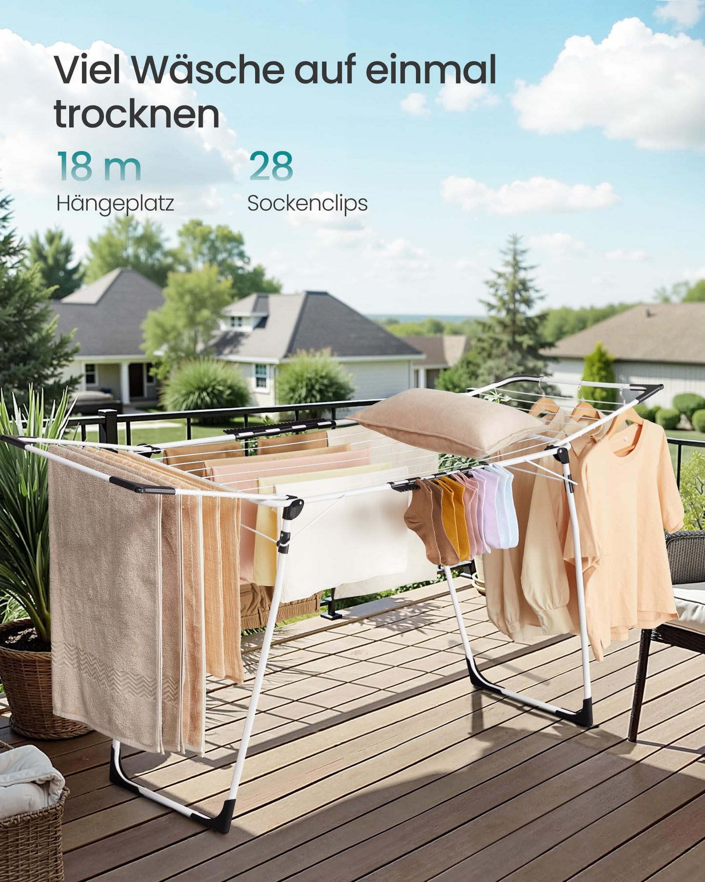 SONGMICS Wäscheständer, Standtrockner 52,5 x 173 x 96,5 cm, Flügelwäscheständer, Flügelwäschetrockner platzsparend, mit Sockenhalter, Metall, für Kleidung, Handtücher, Wäsche, weiß LLR518W01