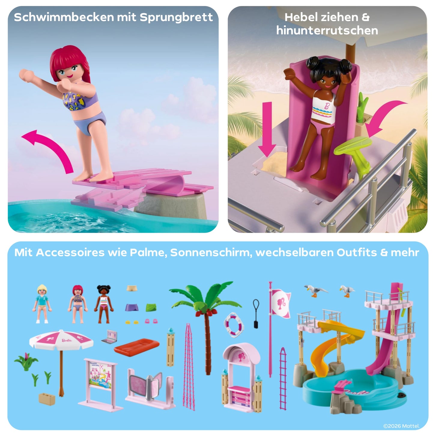 PLAYMOBIL | Barbie | Water park | Summer Adventures with Barbie Nikki & Daisy | Large water park that can be filled with real water Incl. slides & pool | Malibu summer dreams for children aged 4 and up | 72120