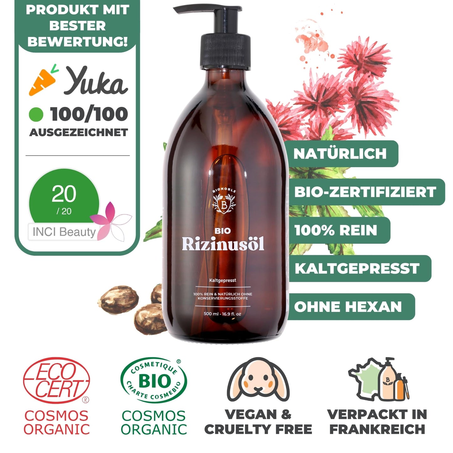 BIONOBLE Castor Oil Cold Pressed Organic - 100% Natural, Without Hexane - Promotes Growth, Repairs - Castor Oil Organic Hair, Eyelashes, Eyebrows, Skin - Castor Oil - Glass Bottle with Pump - 500ml - France