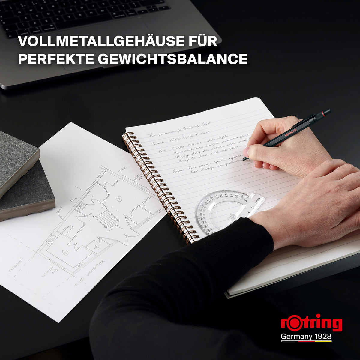 rOtring 600 Mechanical Pencil (0.5mm) Gift Set with Pen Case & Notebook | Full Metal Body Fine Point Pencil | Black | Non-Slip Knurled Grip and Hexagonal Barrel - 2224710