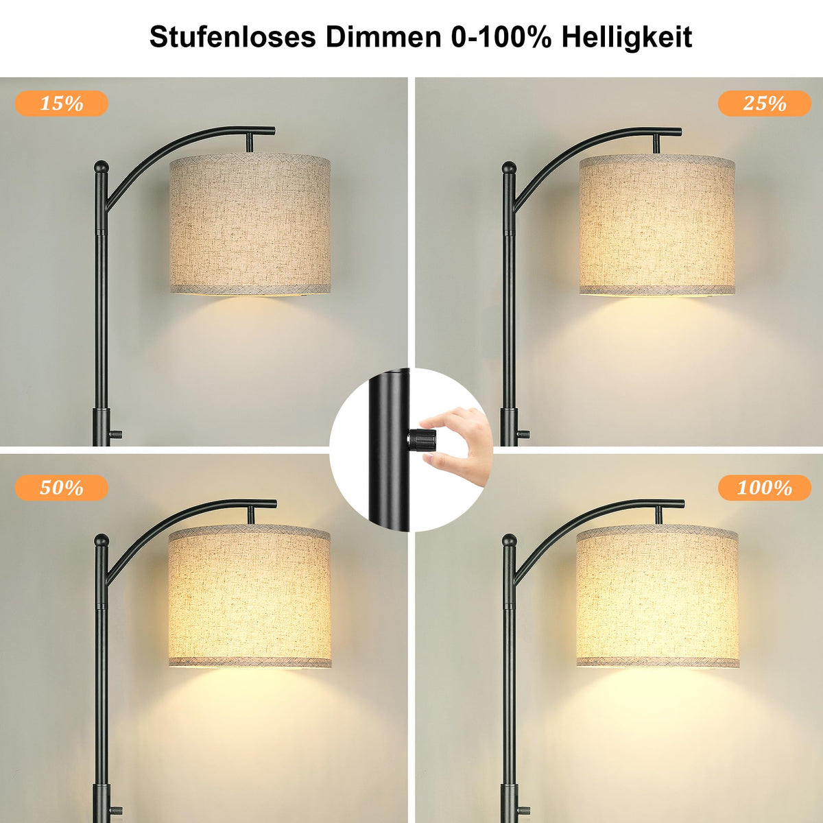 ROTTOGOON Dimmable Floor Lamp Arc Floor Lamps for Living Room Stepless Dimmable Modern Floor Lamp with Linen Shade Tall Lamp for Bedroom Office Dining Room - Black - YSFP050PB1-EU