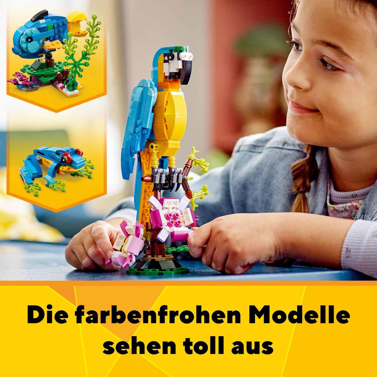 LEGO Creator 3in1 Exotic Parrot - Construction toy with THREE animal figures - Toy with parrot, fish and frog minifigures - Creative gift for girls and boys aged 7 and up 31136