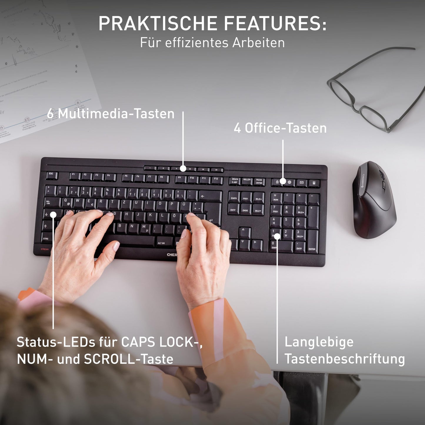CHERRY Stream Keyboard Wireless, wireless keyboard, German layout (QWERTZ), 2.4 GHz radio, quiet keys, flat design, battery operated, black - JK-8550DE-2