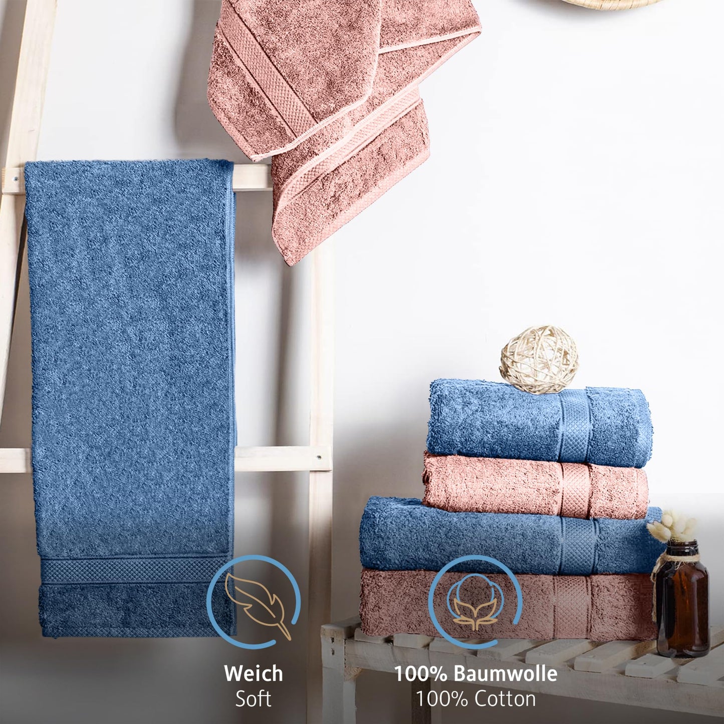 Komfortec set of 8 towels, 4 bath towels 70x140 cm & 4 hand towels 50x100 cm, 100% cotton terry cloth, fluffy and absorbent, pink/light blue - 4er-50x100-und-4er-70x140-rosa-hellblau