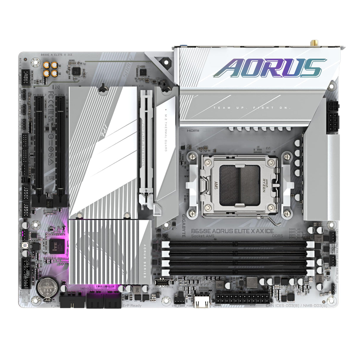 GIGABYTE B650E AORUS Elite X AX Ice Mainboard - AMD Ryzen 9000 Series, 12+2+2 Phase VRM, up to 8000 MHz DDR5 (OC), 1x PCIe 5.0 + 2x PCIe 4.0 M.2, 2.5 GbE LAN, WiFi 6E, USB 3.2 Gen 2