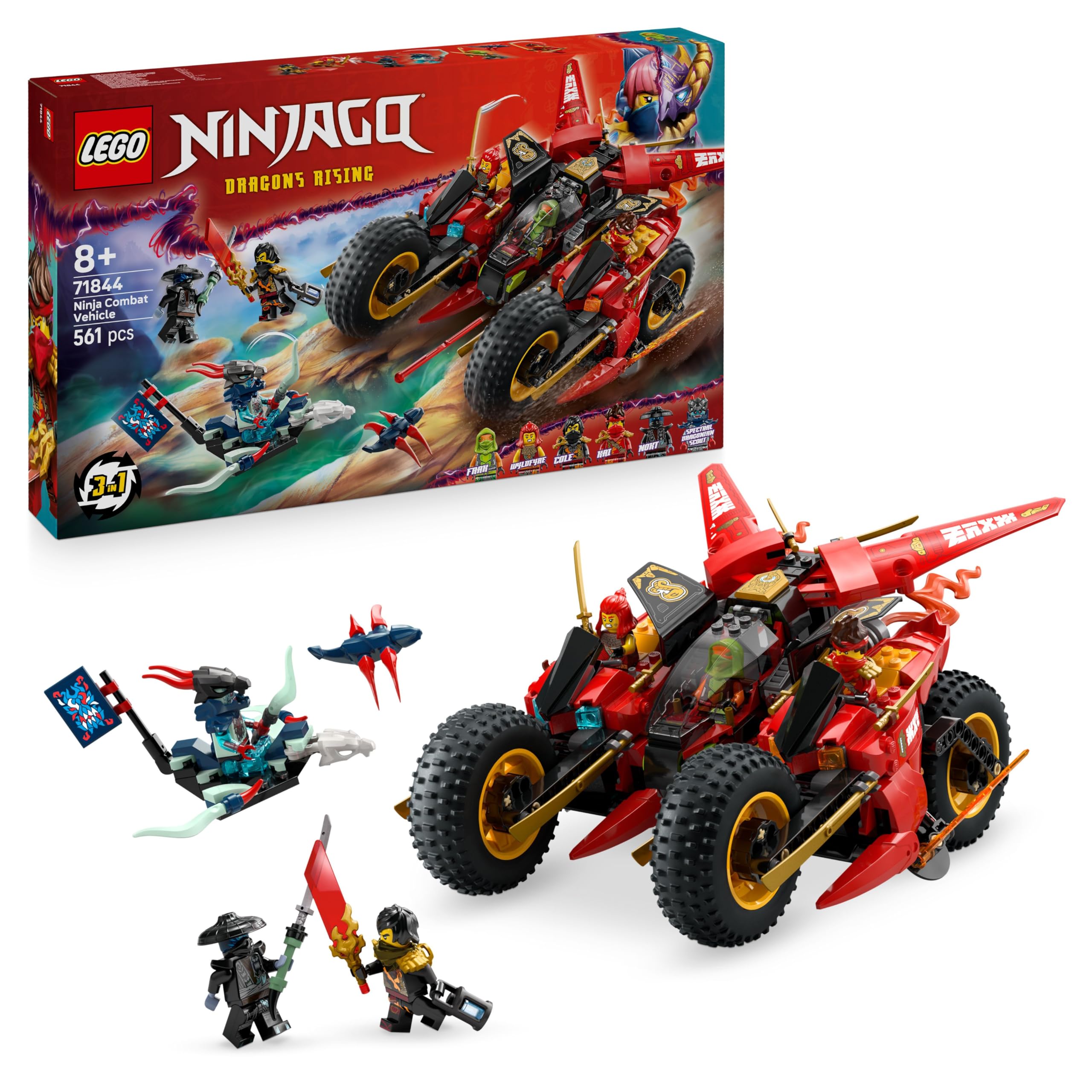 LEGO NINJAGO Ninja Action Speedster - 3-in-1 toy with 2 ninja bikes, 1 jet and 6 minifigures, including Kai and Frak - Rise of the Dragons Gift for boys aged 8 and up - 71844